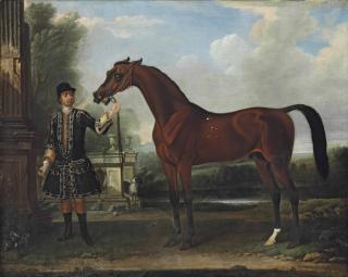 Thomas Spencer - \'Bay Bolton\', held by a groom, in a parkland setting