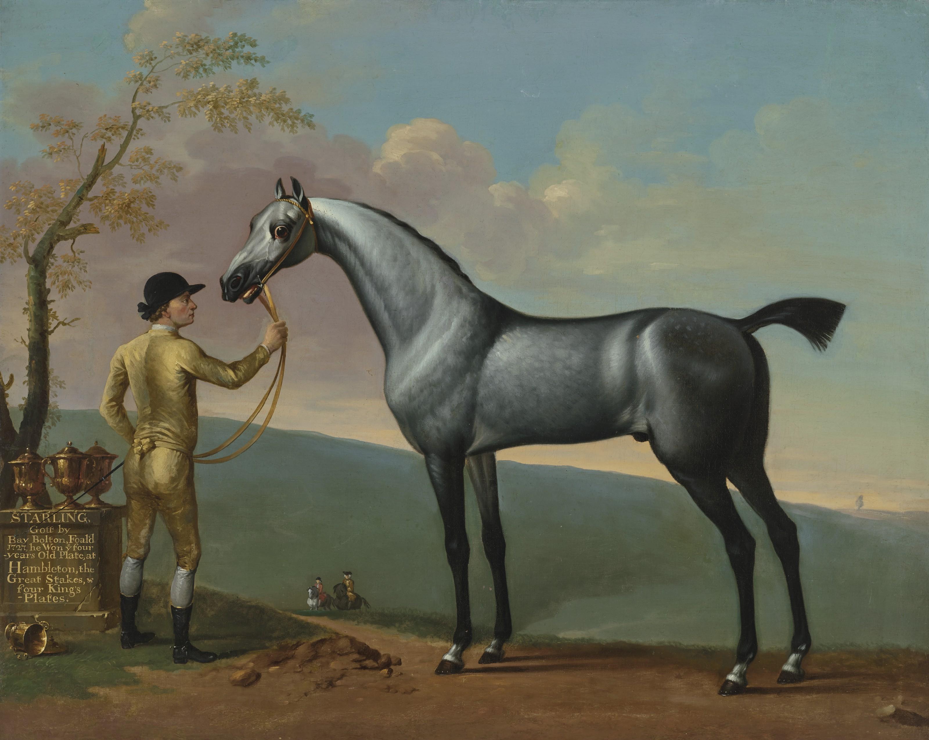 Thomas Spencer - \'Starling\', a Grey Racehorse, by \'Bay Bolton\', Held by a Groom, in a Landscape