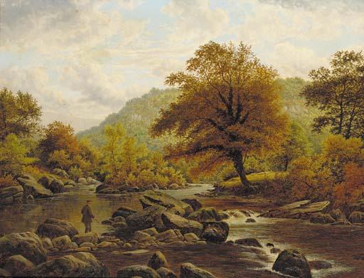 Thomas Spinks - An Angler In A Wooded River Landscape