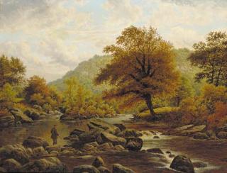 Thomas Spinks - An Angler In A Wooded River Landscape