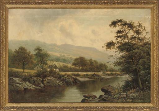 Thomas Spinks - Cattle and sheep grazing beside a quiet stretch of river