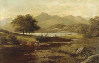 Thomas Spinks - Cows fording a stream in a mountainous landscape