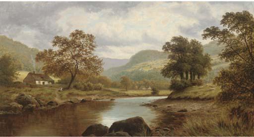 Thomas Spinks - Sheep And Cottages Beside A River