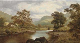 Thomas Spinks - Sheep And Cottages Beside A River