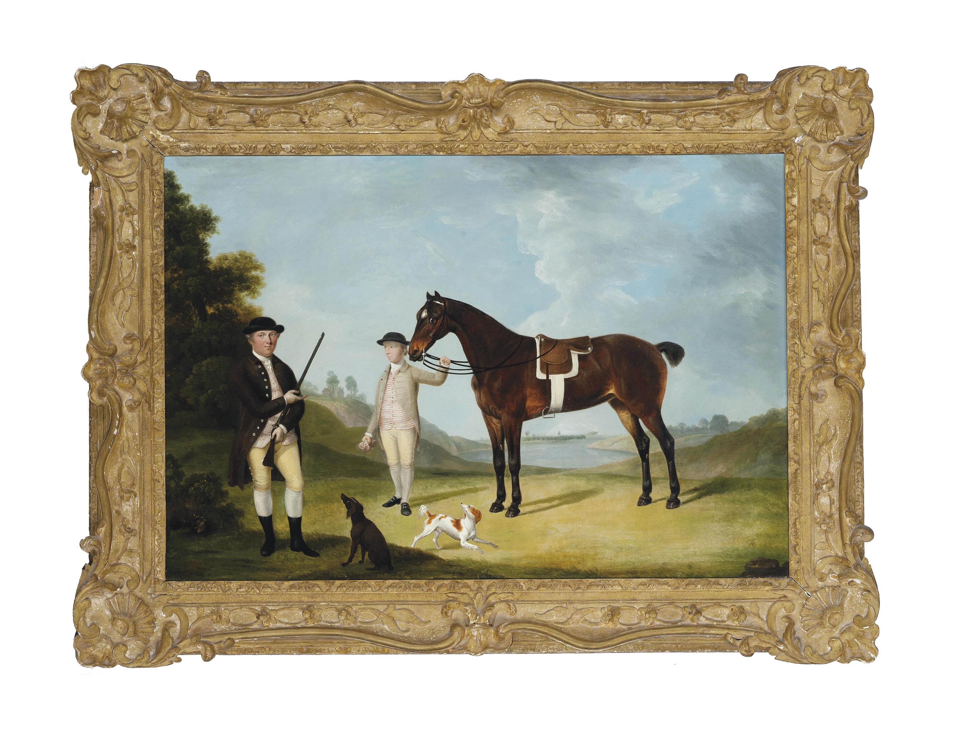 Thomas Stringer - A gentleman and his hounds in an extensive landscape, his groom holding the reins of his chestnut hunter