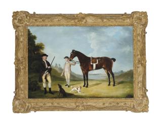 Thomas Stringer - A gentleman and his hounds in an extensive landscape, his groom holding the reins of his chestnut hunter