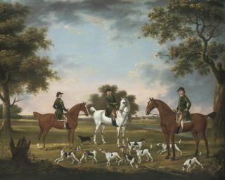 Thomas Stringer - Huntsmen and hounds in a wooded river landscape, kennels beyond