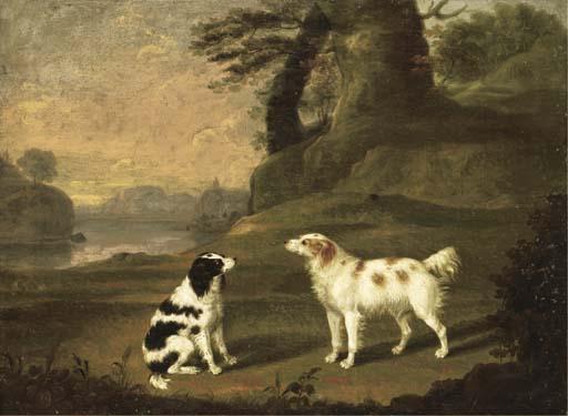 Thomas Stringer - Two spaniels in a wooded river landscape