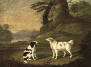 Thomas Stringer - Two spaniels in a wooded river landscape