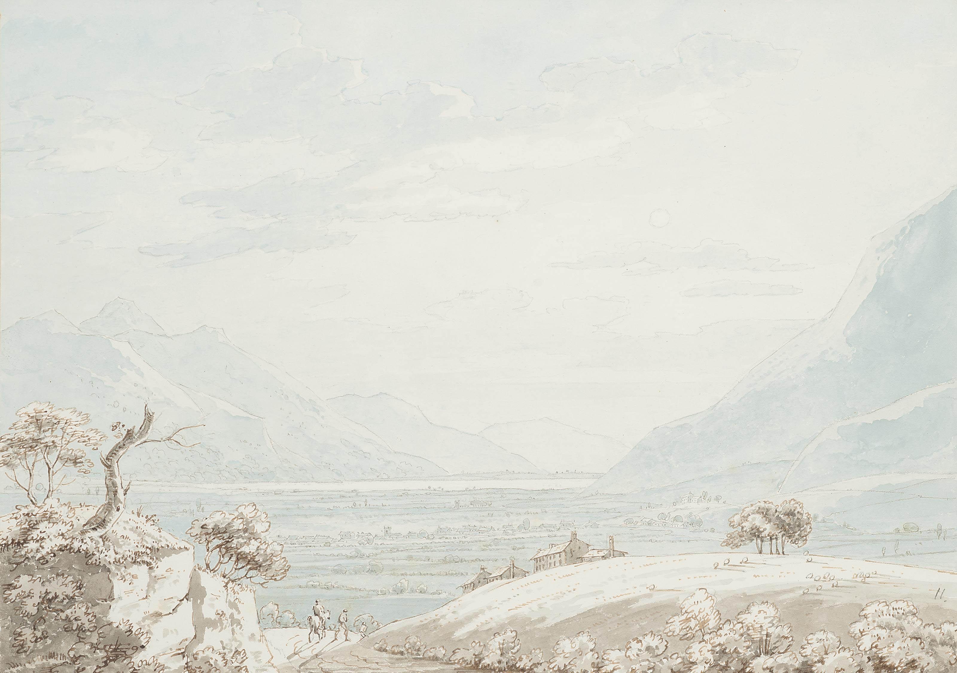 Thomas Sunderland - Travellers on a country lane overlooking a valley