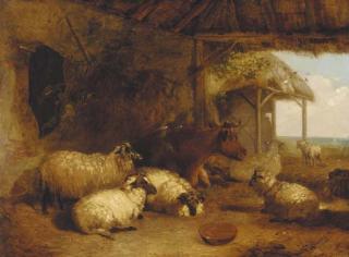 Thomas Sydney Cooper, R.A. - Sheep and cattle in a barn
