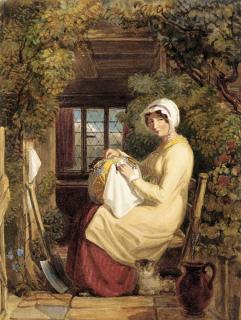 Thomas Uwins, R.A. - A woman seated in a doorway making lace with a cat at her feet