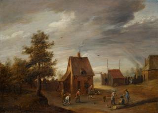 Thomas Van Apshoven - A Village Landscape With Figures Playing Ball Games