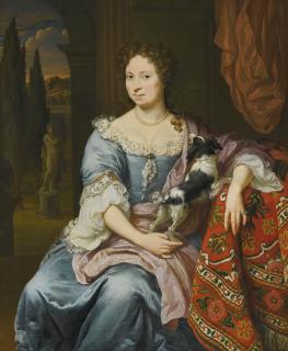Thomas Van Der Wilt - Portrait Of A Lady With Her Lap Dog, Seated, Three-Quarter Length, Leaning With One Arm On A Table Draped In A Patterned Carpet