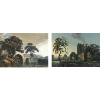 Thomas Walmsley - White Abbey Near Limerick And Figures By A Stream: Two Gouaches