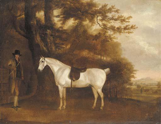 Thomas Weaver - A Saddled Grey Hunter with Groom