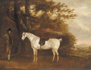 Thomas Weaver - A Saddled Grey Hunter with Groom