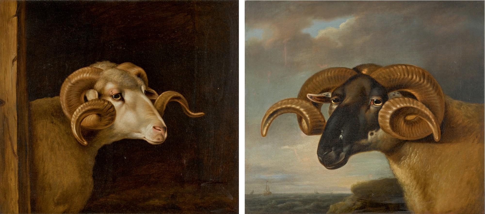 Thomas Weaver - Head Of A White Faced Ram, Facing Right; And Head Of A Black Faced Ram, Facing Left, A Seascape Beyond