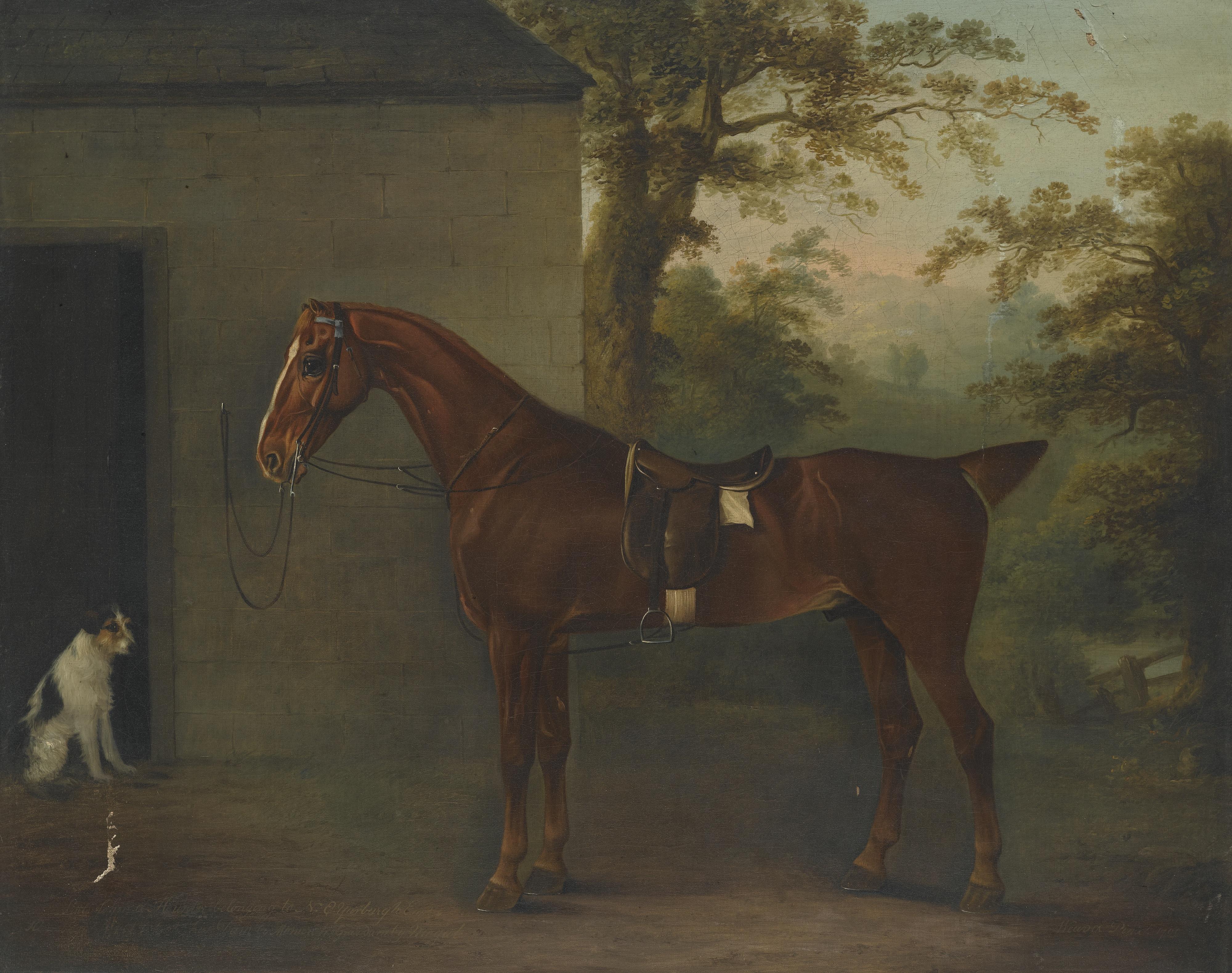 Thomas Weaver - Portrait Of Mr. Yarburgh\'S Chestnut Hunter Little John With A Terrier Beside A Stable