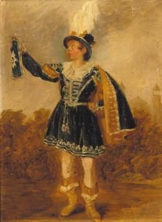 Thomas Webster, R.A. - Portrait of George Goldney, small full-length, in Montem costume, Eton College beyond