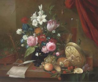 Thomas Webster - A Crucifix Paperweight, Quill, Lilies, Roses, Morning Glory, Parrot Tulips, Grapes, Plumbs, With A Tazza And Some Glasses, On A Stone Ledge