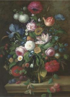 Thomas Webster - An impressive still life of flowers on a stone ledge