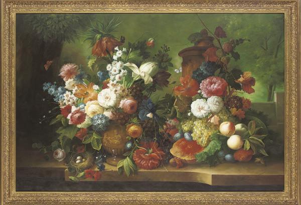 Thomas Webster - Hollyhocks, Roses And Other Flowers In A Vase, With Butterflies, A Birds Nest And A Pumpkin On A Stone Ledge, A Landscape Beyond
