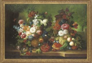 Thomas Webster - Hollyhocks, Roses And Other Flowers In A Vase, With Butterflies, A Birds Nest And A Pumpkin On A Stone Ledge, A Landscape Beyond