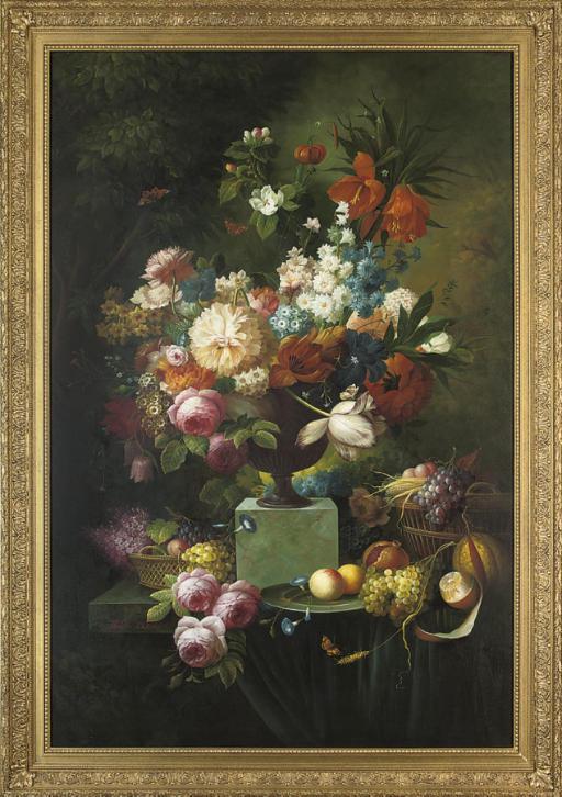 Thomas Webster - Parrot tulips, chrysanthemums, roses, corn flowers, lilies and narcissus in an urn, with fruit in wicker baskets and on a platter to the side, on a stone ledge