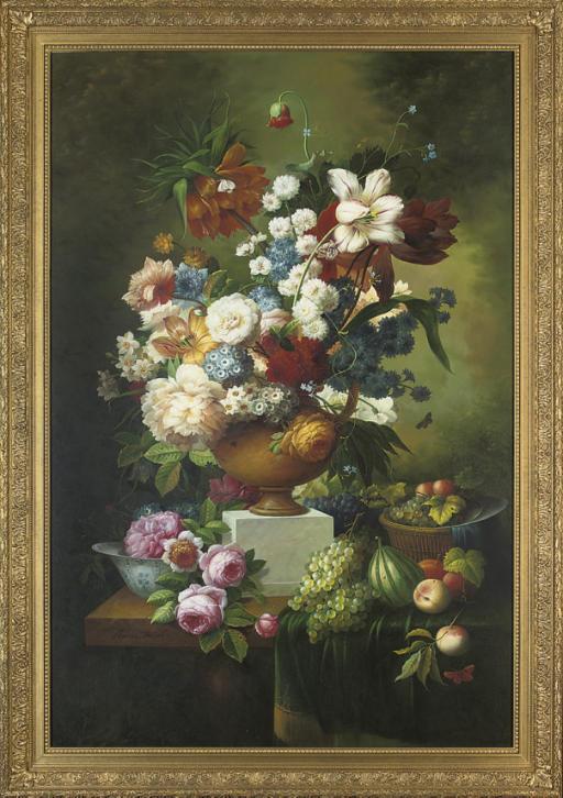 Thomas Webster - Parrot tulips, narcissus, peonies, chrysanthemums, carnations, lilies and roses in an urn with fruit to the side, on a stone ledge