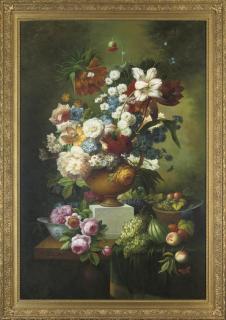 Thomas Webster - Parrot tulips, narcissus, peonies, chrysanthemums, carnations, lilies and roses in an urn with fruit to the side, on a stone ledge