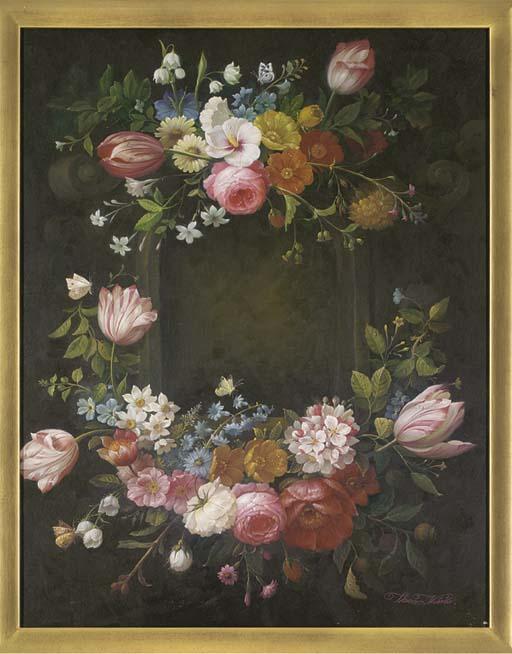 Thomas Webster - Parrot tulips, roses, snow drops and alstroemeria arranged around an alcove, with a cabbage white butterfly; and Roses, parrot tulips, grapes, and raspberries arranged around an alcove, with a red admiral butterfly