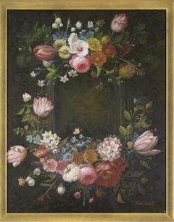Thomas Webster - Parrot tulips, roses, snow drops and alstroemeria arranged around an alcove, with a cabbage white butterfly; and Roses, parrot tulips, grapes, and raspberries arranged around an alcove, with a red admiral butterfly