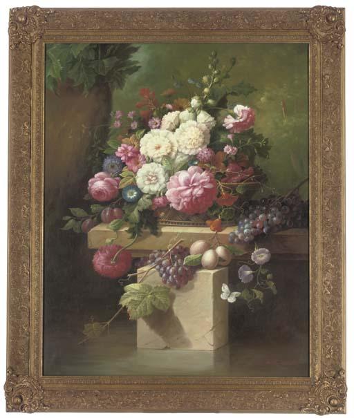 Thomas Webster - Pink Peonies, Morning Glory, Hollyhocks, Plums And Grapes, On A Stone Plinth, With A Blue Butterfly To The Side; And Pink Roses, Oriental Poppy, Lillies, Morning Glory, Plums And Grapes On A Stone Ledge, A White Butterfly To The Side