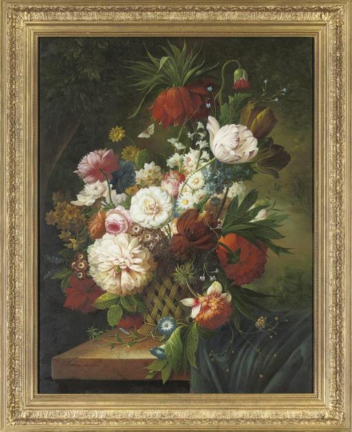 Thomas Webster - Roses, crysanthemums, parrot tulips, carnations, larkspur, and butterlies on a stone ledge; and Morning glory, parrot tulips, lavendar, roses and butterflies on a stone ledge
