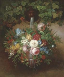 Thomas Webster - Roses, Irises, Morning Glory, Narcissi, Chrysanthemums And Two Butterflies, Under A Stone Fountain