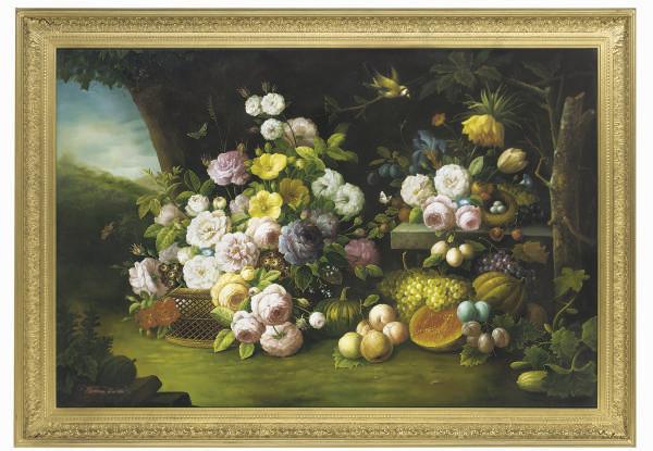 Thomas Webster - Roses, parrot tulips, plums, pumpkins, and butterflies in a landscape