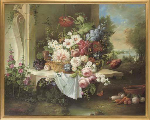 Thomas Webster - Roses, peonies, daisies and other flowers in a basket, on a ledge, a landscape beyond