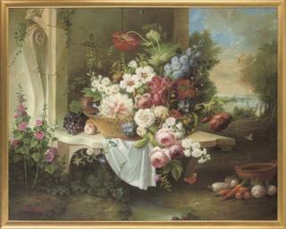 Thomas Webster - Roses, peonies, daisies and other flowers in a basket, on a ledge, a landscape beyond