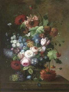 Thomas Webster - Roses, Tulips, Daisies, Chrysanthemums And Other Flowers In A Glass Vase On A Stone Ledge