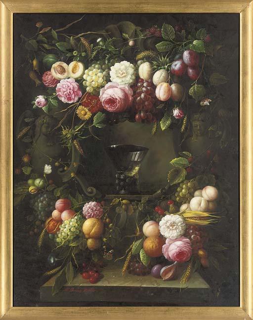 Thomas Webster - Roses, tulips, peonies, grapes, lemons and butterflies, with a roemer on a ledge; and Roses, grapes, peaches, thistles and corn, with a roemer on a ledge