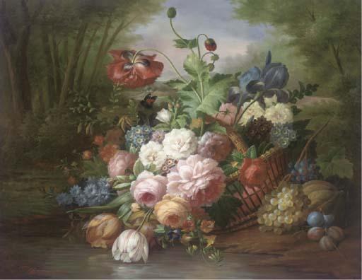 Thomas Webster - Summer Flowers And Fruit In A Wicker Basket, An Extensive Landscape Beyond