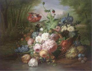 Thomas Webster - Summer Flowers And Fruit In A Wicker Basket, An Extensive Landscape Beyond