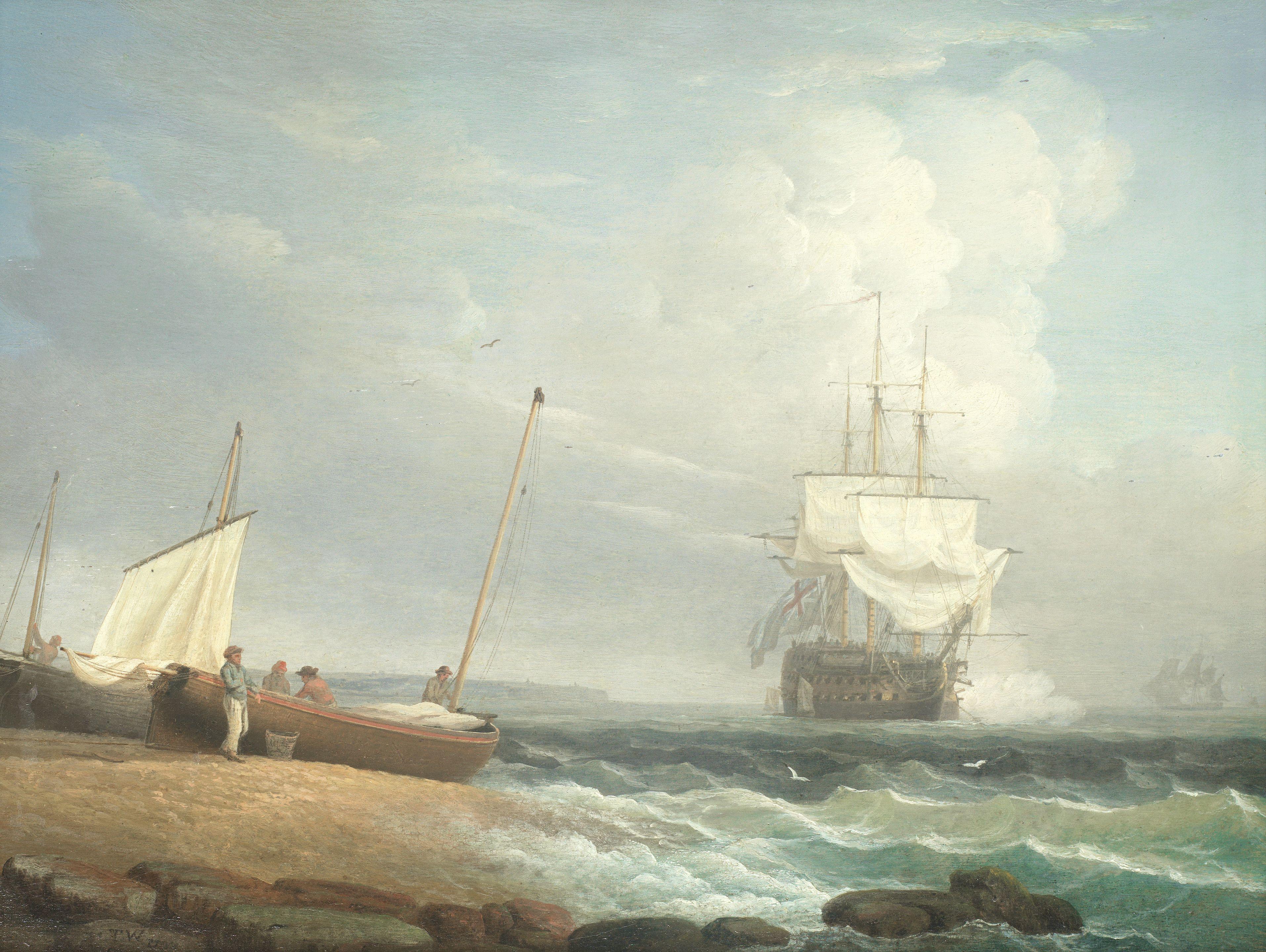 Thomas Whitcombe - A British naval ship firing a salute off a coast