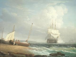 Thomas Whitcombe - A British naval ship firing a salute off a coast