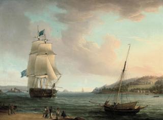 Thomas Whitcombe - A crowded flagship of an Admiral of the Blue passing Mount Edgcumbe as she closes into port at Plymouth