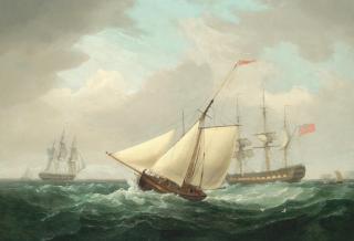 Thomas Whitcombe - A cutter under way with British naval frigates off the coast of Dover