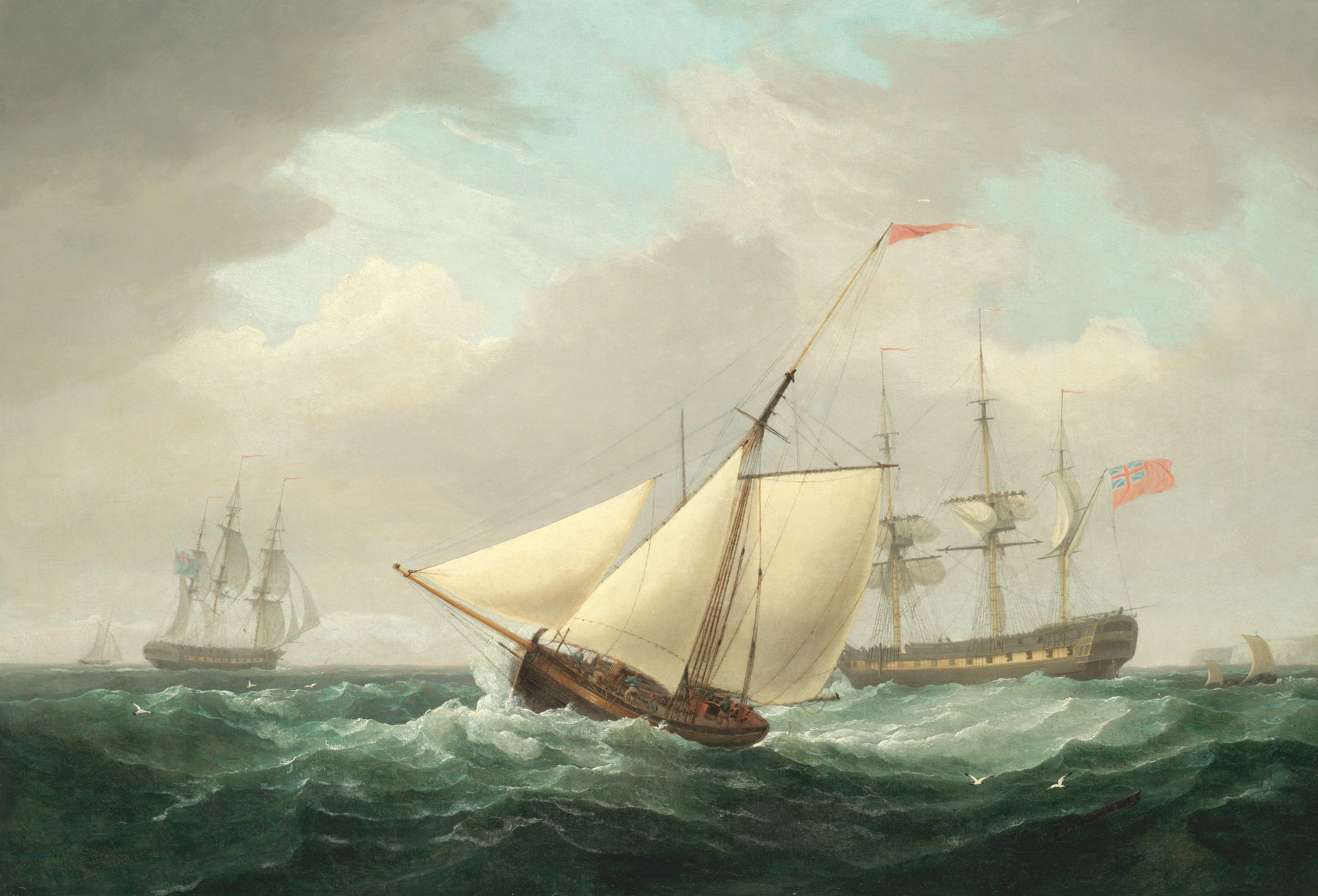 Thomas Whitcombe - A cutter under way with British naval frigates off the coast of Dover