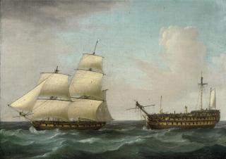 Thomas Whitcombe - A dismasted \'74\' under tow by a battle-scarred sloop