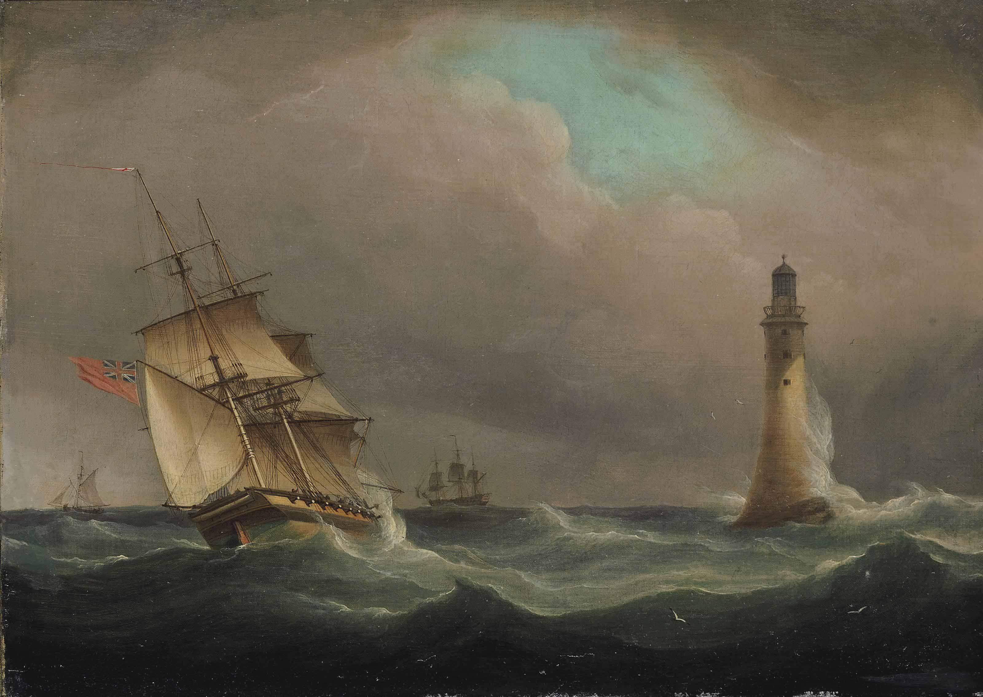 Thomas Whitcombe - A frigate healing in the breeze off the Eddystone lighthouse